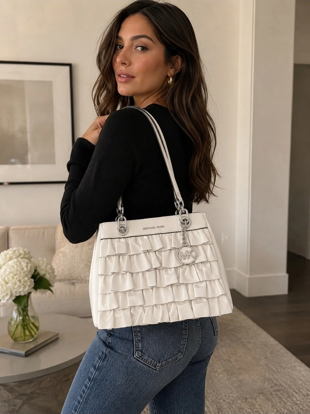 MICHAEL KORS Ivory Ruffle Leather Shoulder Bag ***NEVER USED***NEW